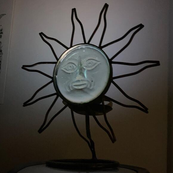 None and/or Unknown Other - Large Vintage Celestial Face Sun God Metal Glass Candle Holder Votive Witchy 90s